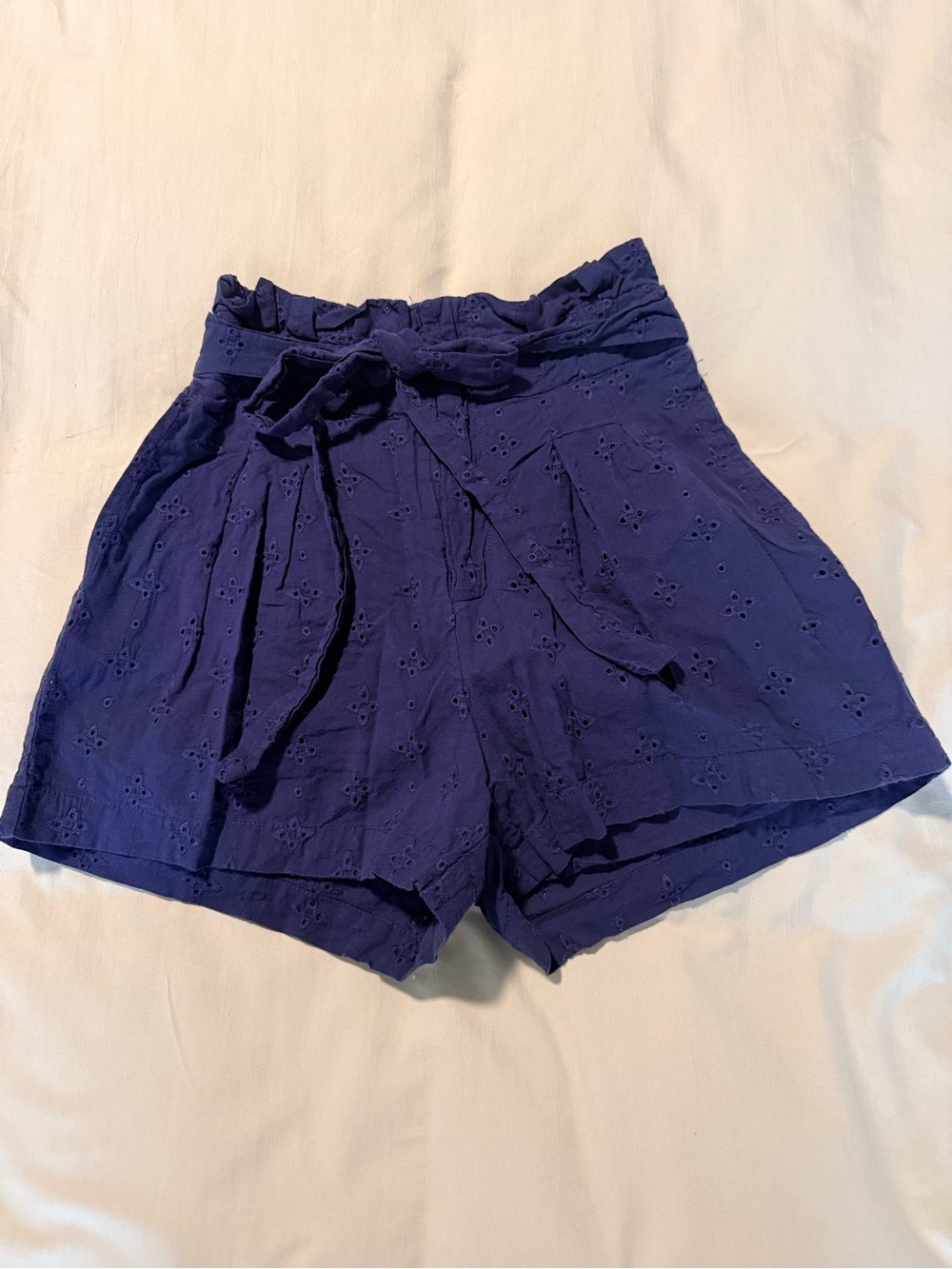 Mi Ami Navy Eyelet High-Waist Tie Shorts